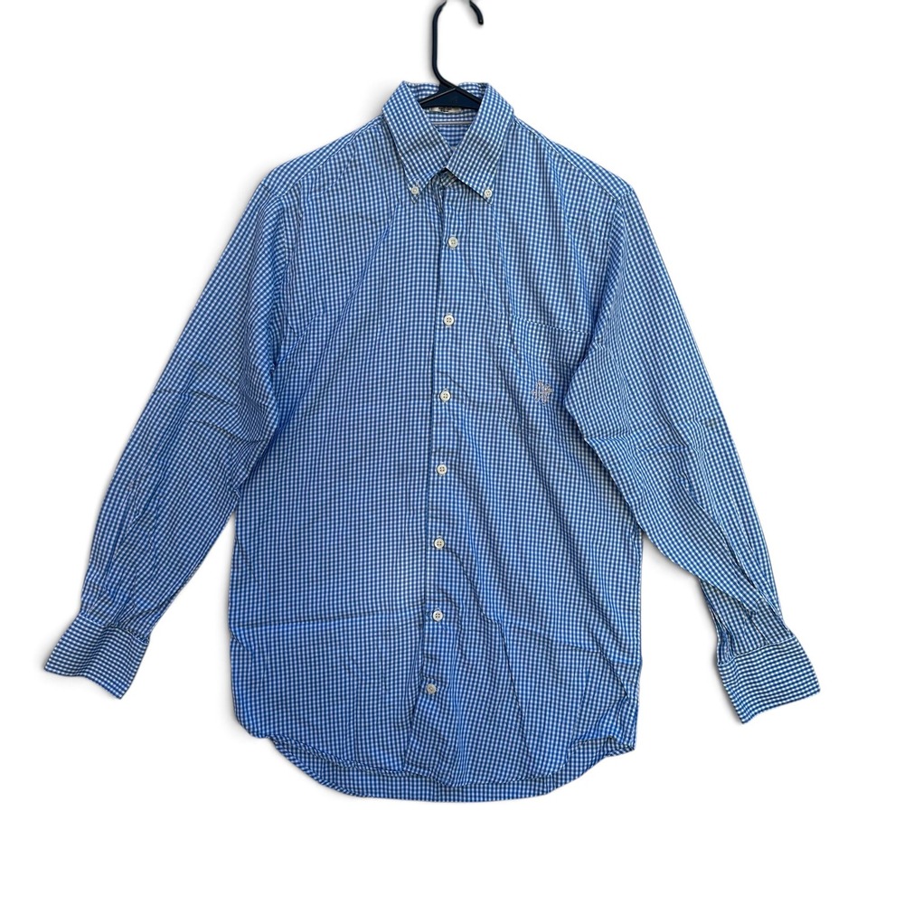 Peter Millar Crown Soft Mens Shirt Small Blue Gingham Cotton Silk Button Down